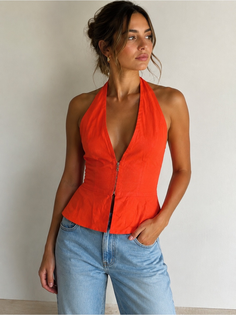 Princess Polly • NWT Halter Zip-Front Peplum Top in Bright Orange